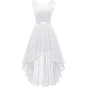 BeryLove Women White Sequin Chiffon Scoop Neck Sleeveless Lace Cocktail Dresses